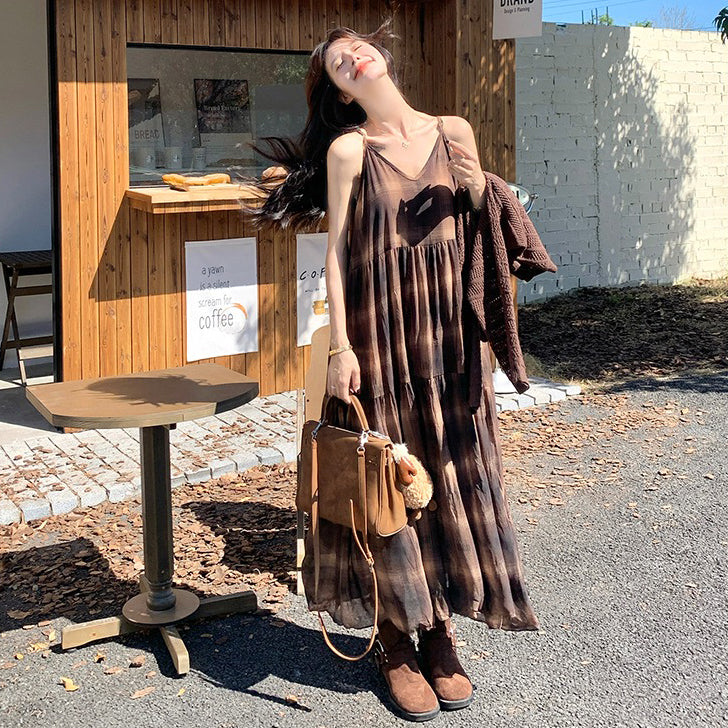 2点セット！【セットアップ】マラード風ゆる感ニット透かし編みカーディガン×チェック柄ノースリーブワンピースセット【SHシリーズ】