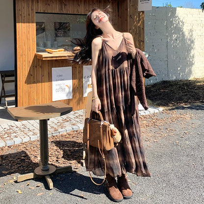 2点セット！【セットアップ】マラード風ゆる感ニット透かし編みカーディガン×チェック柄ノースリーブワンピースセット【SHシリーズ】