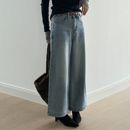 【ボトムス】ベルト付き！韓国風 ハイウエスト 裏起毛 ストレートデニムパンツ 冬 新作 ゆったりワイド カジュアル 【JZシリーズ】