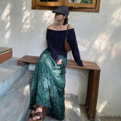 【ボトムス】レトロ風 スカート 初秋新作 ハイウエスト スリム見え 花柄ストレートスカート ドレープ感 スリット入り【SHシリーズ】