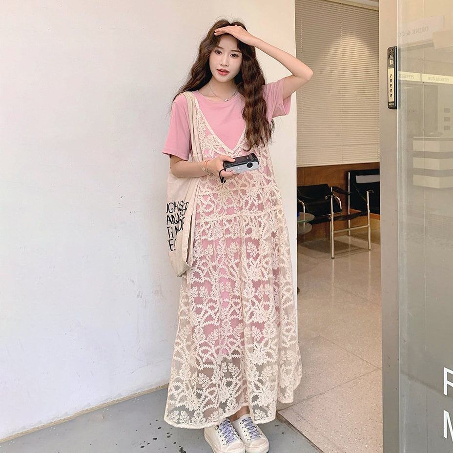 2点セット！【セットアップ】夏新作 シアーシャツ＋Tシャツワンピース レイヤード風 ゆったり 体型カバー カジュアル きれいめ【SHシリーズ】