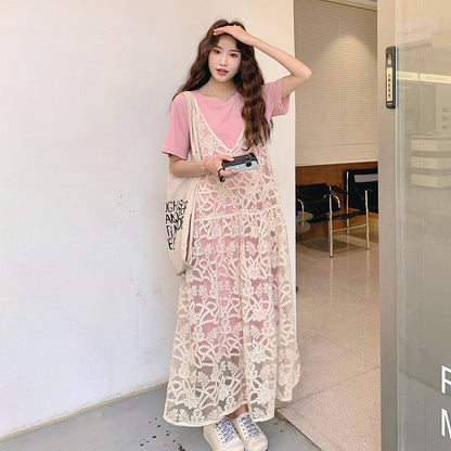 2点セット！【セットアップ】夏新作 シアーシャツ＋Tシャツワンピース レイヤード風 ゆったり 体型カバー カジュアル きれいめ【SHシリーズ】