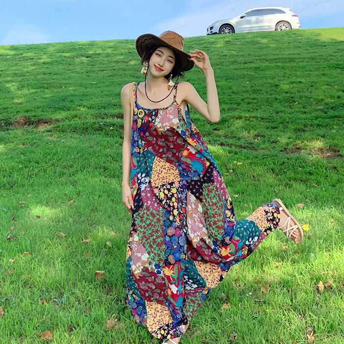 【ワンピース】夏新作 エスニック ボヘミアン風 リゾートノースリーブワンピース【SHシリーズ】