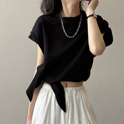 【トップス】夏新作 フレンチカジュアル 細見えシルエット リボンデザイン クルーネック半袖Tシャツ【JZシリーズ】