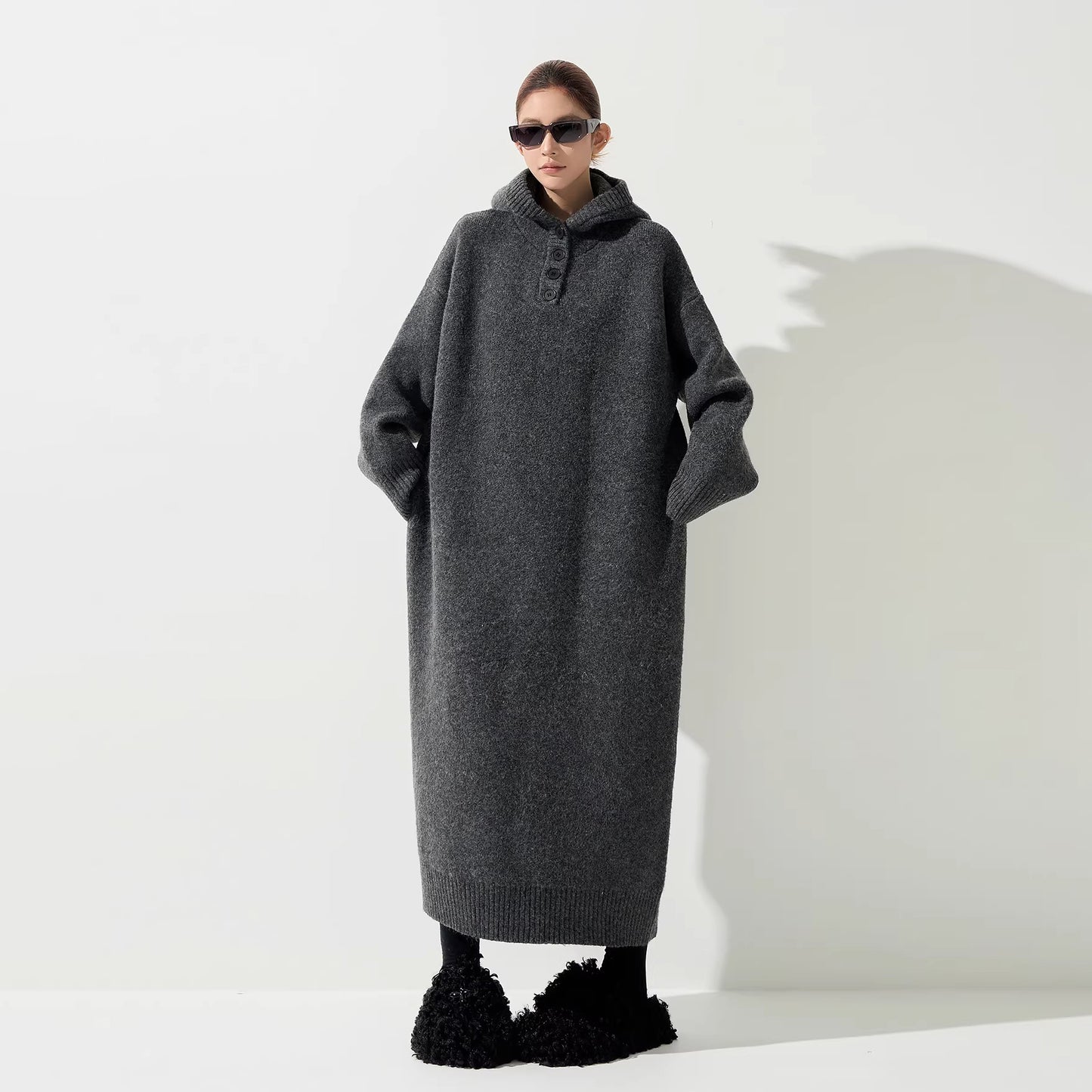 【ワンピース】フード付き ニット長袖ワンピース レディース 秋冬 韓国風 ルーズ 体型カバー ロング丈【FCシリーズ】【15～20日内発送】