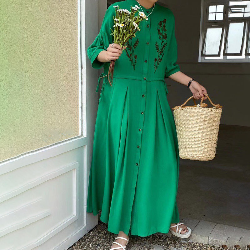 [洋裝] 春秋夏季大尺碼寬鬆民族風度假風刺繡短袖洋裝
