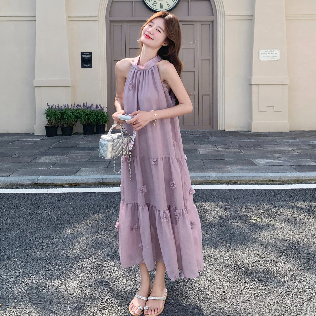 【ワンピース】フレンチ風パープル立体フラワー ノースリーブワンピース レディース 夏新作 ゆったり 体型カバー【JZシリーズ】