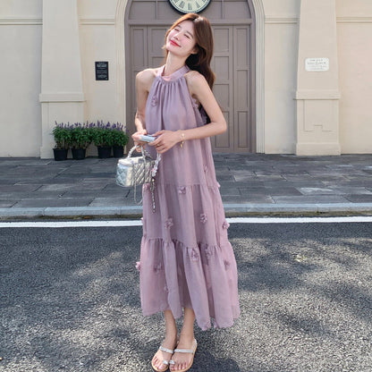 【ワンピース】フレンチ風パープル立体フラワー ノースリーブワンピース レディース 夏新作 ゆったり 体型カバー【JZシリーズ】
