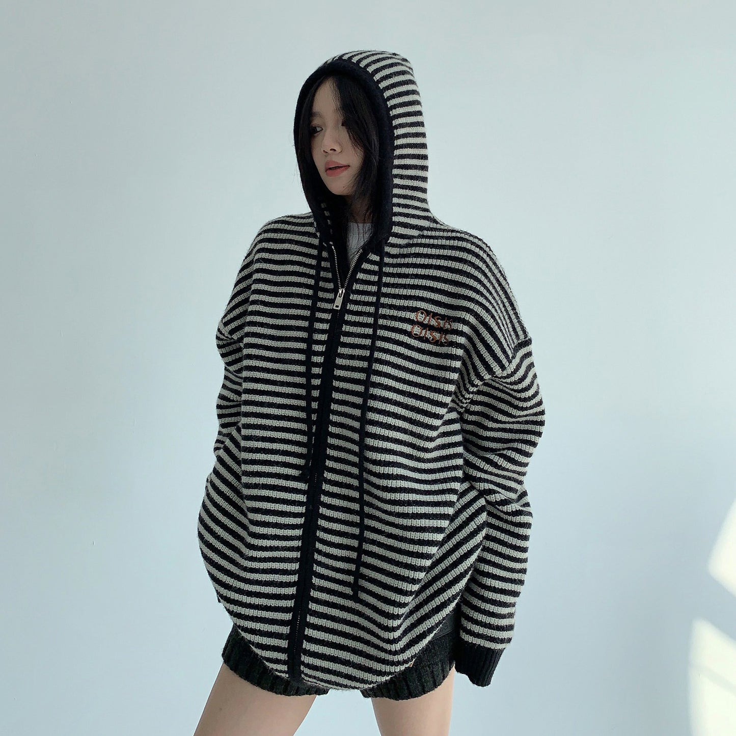 【トップス】ゆるレトロ感♡厚手ボーダーニットパーカー カーディガン レディース 冬の定番アイテム【FCシリーズ】