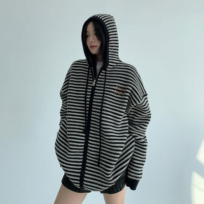 【トップス】ゆるレトロ感♡厚手ボーダーニットパーカー カーディガン レディース 冬の定番アイテム【FCシリーズ】