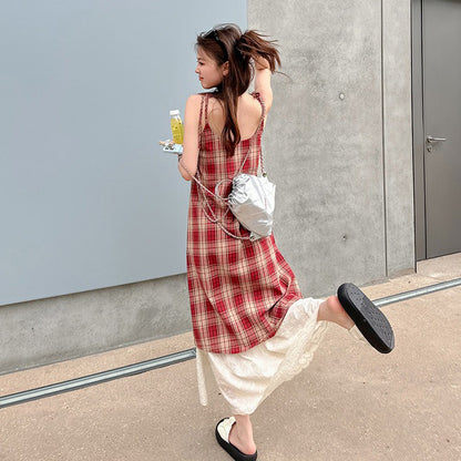【ワンピース】レトロ チェック柄 レース切替 リボン付き ノースリーブキャミワンピース【SHシリーズ】