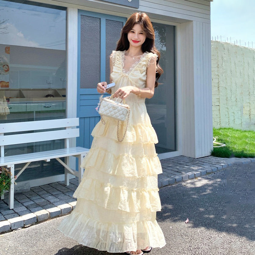 【ワンピース】夏新作 ノースリーブ ティアードワンピース ミルク系 やさしい雰囲気 若見え ロングドレス【SHシリーズ】