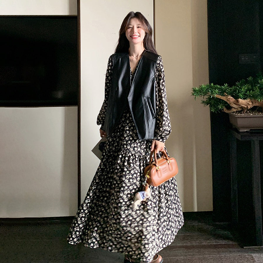 2点セット【セットアップ】PUレザーベスト+ 花柄 長袖ワンピース 2点セット レディース 春秋 高級感  韓国風 コーディネート おしゃれ【SHシリーズ】