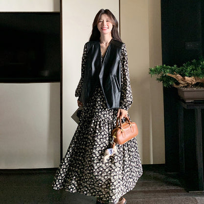 2点セット【セットアップ】PUレザーベスト+ 花柄 長袖ワンピース 2点セット レディース 春秋 高級感  韓国風 コーディネート おしゃれ【SHシリーズ】
