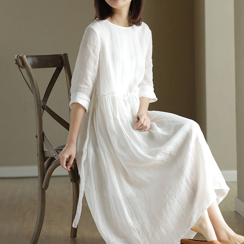 【ワンピース】夏新作 リネン混 白 ロング長袖ワンピース フレンチ風 ゆったりナチュラル