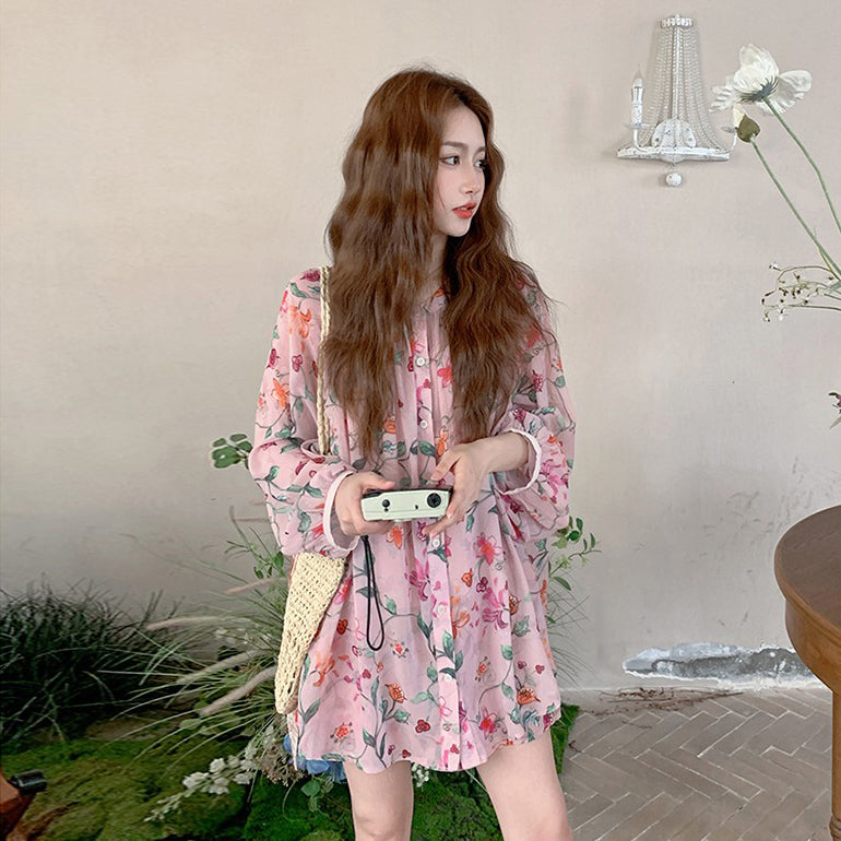 3点セット！【セットアップ】夏 日焼け防止 長袖プリントシャツ＋キャミソール＋ショートパンツ 3点上下セット【SHシリーズ】