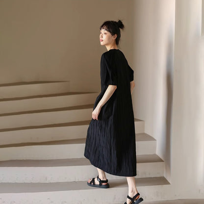 【ワンピース】フレンチレトロ ギャザーデザイン 半袖 ストレートワンピース ミディ丈 カジュアル【JZシリーズ】