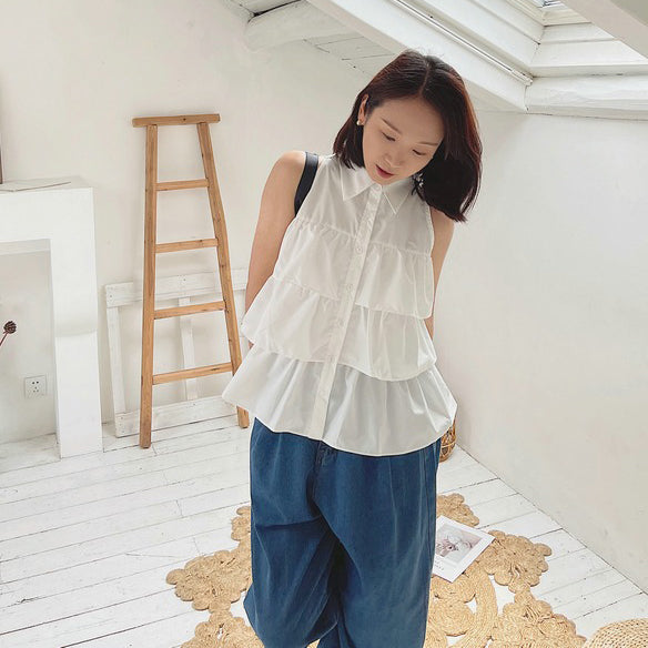 【トップス】デザイン性あり シャツ 夏用 フリル付き ゆったり 韓国風 小柄女性向け【JZシリーズ】