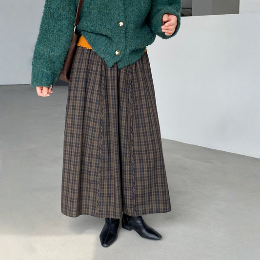 【ボトムス】裏地起毛 チェック柄 春 秋 冬 レトロ フレア スカート 【JZシリーズ】