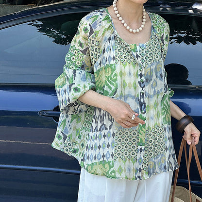 【トップス】真夏の復古 グリーン油絵 ランタン袖 UVカットシャツ【JZシリーズ】【SHシリーズ】