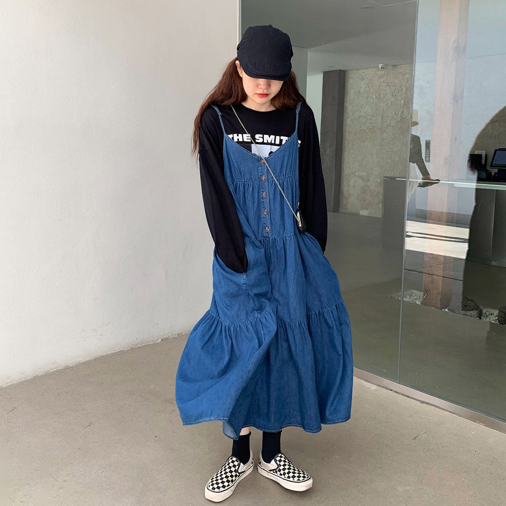 【ワンピース】韓国ファッション デニムノースリーブワンピース 春新作 ゆったり体型カバー 小顔効果 プリーツ入り フレアロング丈 おしゃれデザイン【JZシリーズ】