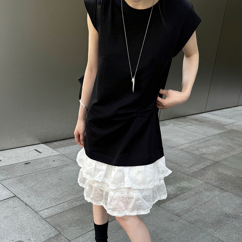 【ワンピース】夏新作 韓国風ウエストマーク切り替え デザイン感 レース ノースリーブワンピース【JZシリーズ】