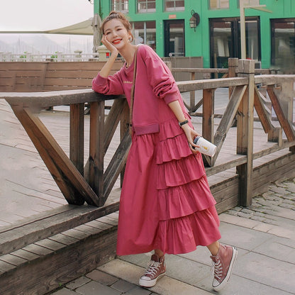 【ワンピース】個性派 かわいい ピンクスウェットワンピース レディース 春秋 ドーパミン風 ゆったり 長袖ワンピース【JZシリーズ】