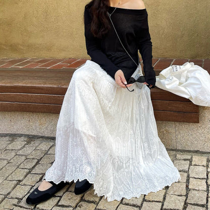 【ボトムス】春夏新作 レディース レースAラインスカート ハイウエスト ミモレ丈 体型カバー 切り替え リゾート風【JZシリーズ】