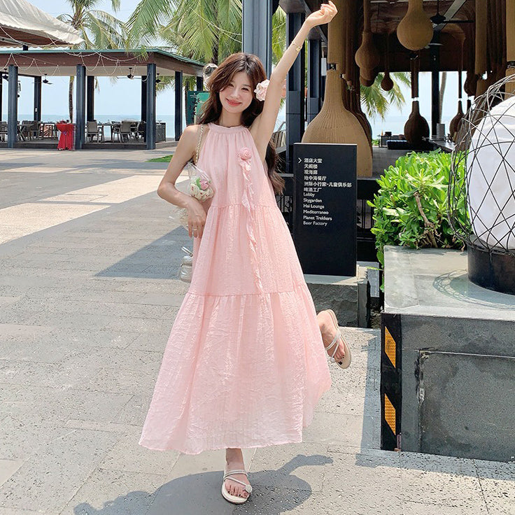 【ワンピース】夏 バカンス風 立体フラワー 甘め ハイネックノースリーブワンピース【JZシリーズ】