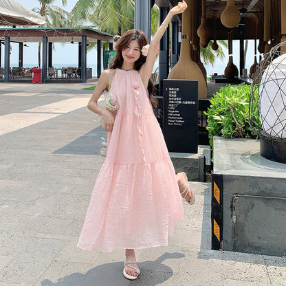 【ワンピース】夏 バカンス風 立体フラワー 甘め ハイネックノースリーブワンピース【JZシリーズ】