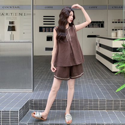 2点セット！【セットアップ】リゾート風 刺繍上下セット レディース 夏 配色トップス ショートパンツ きれいめ【JZシリーズ】
