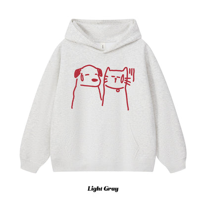 8カラー | S~3XL【トップス】猫犬イラスト 手描き風アメリカンプリント ヘビーウェイト フードパーカー ユニセックス ペアOK【FCシリーズ】