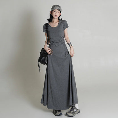 【ワンピース】イエローTシャツワンピース レディース 夏新作 韓国風 クルーネック 半袖 ウエストマーク Aライン ロング丈 体型カバー 細見え【FCシリーズ】