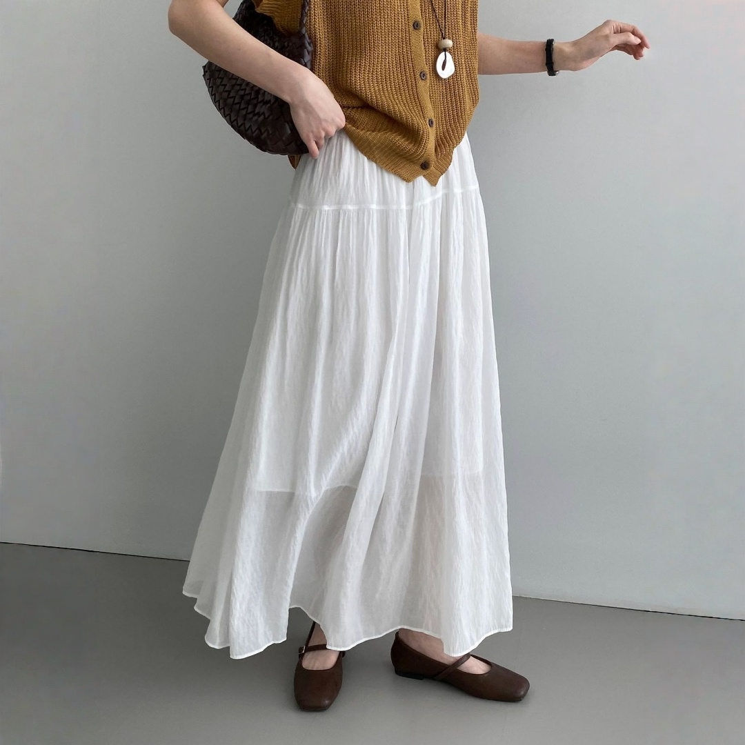 【ボトムス】シャーリングウエスト リボン付き エアリーで上品な雰囲気 スカート 【JZシリーズ】