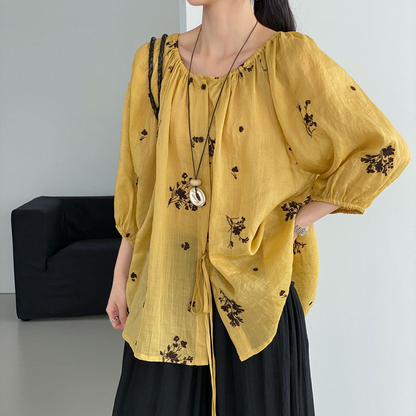 【トップス】韓国風 刺繍フラワー リネン風 シャツ ゆったり バックリボン レディース トップス【SHシリーズ】