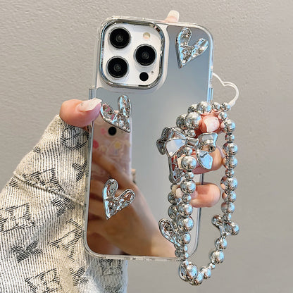 【グッズ】iPhone 15 Pro Max / 16 Pro / 14 / 13 Pro / 12 / 11 用 高級感 インスタ風 メッキ加工 シワ加工 立体ハート 気質レディース ブレスレット風 ミラーケース スマホカバー