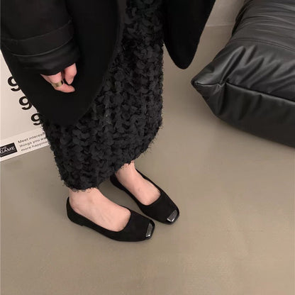 【シューズ】デザイン感フラットパンプス 黒 気質新中式 ローファー風