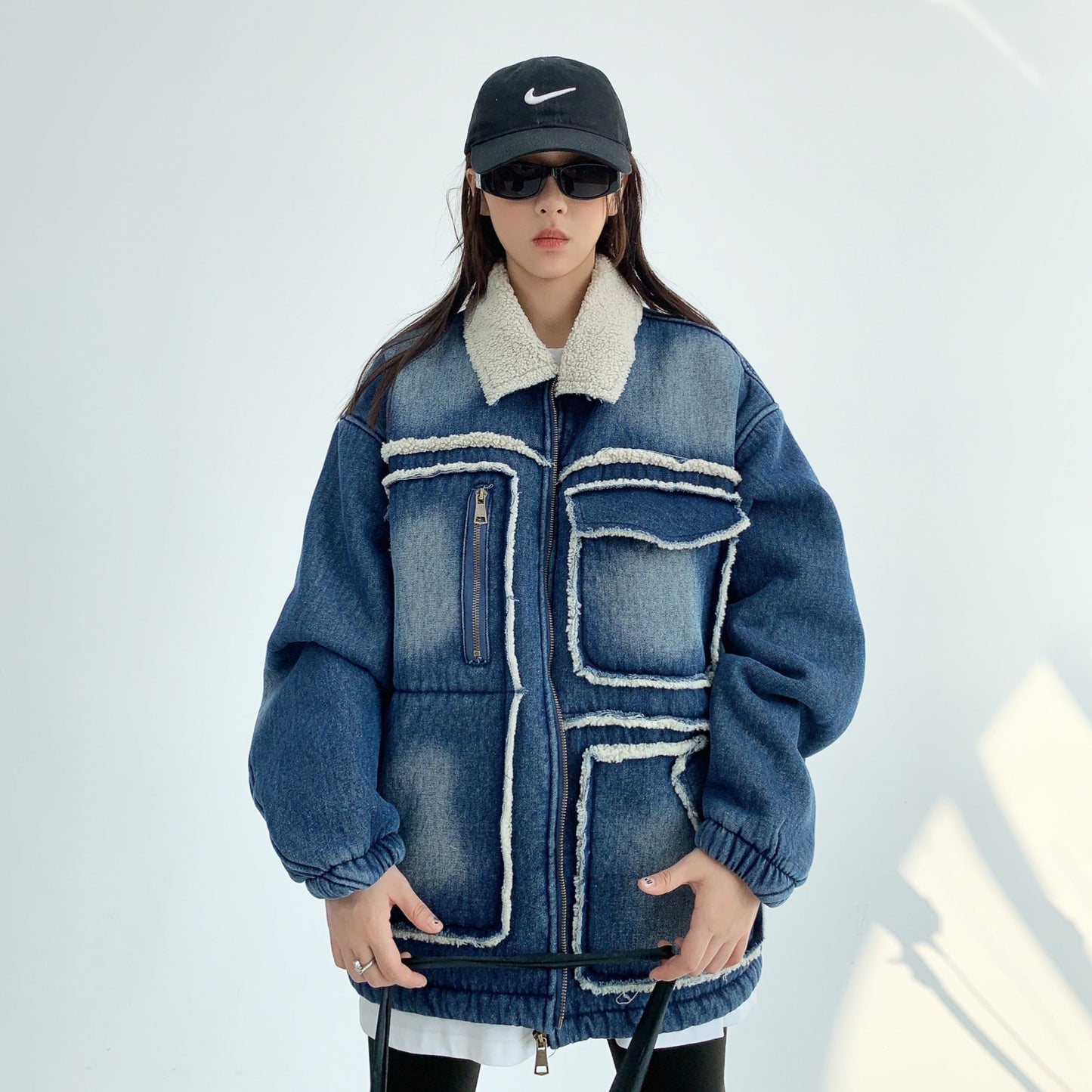 【アウター】アメリカ 秋冬 カップル服 ゆったり レトロ ダメージデニム ラムウール ジャケット【FCシリーズ】