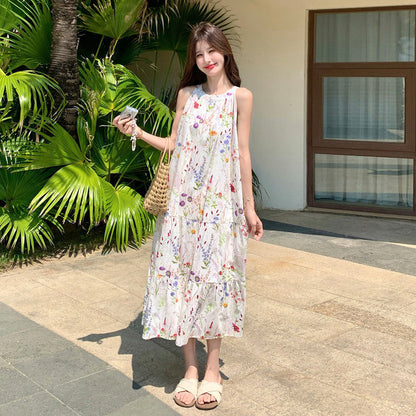【ワンピース】ホルターネック ワンピース 花柄 ノースリーブ Aライン ロング丈 フレンチシック リゾート 夏【SHシリーズ】