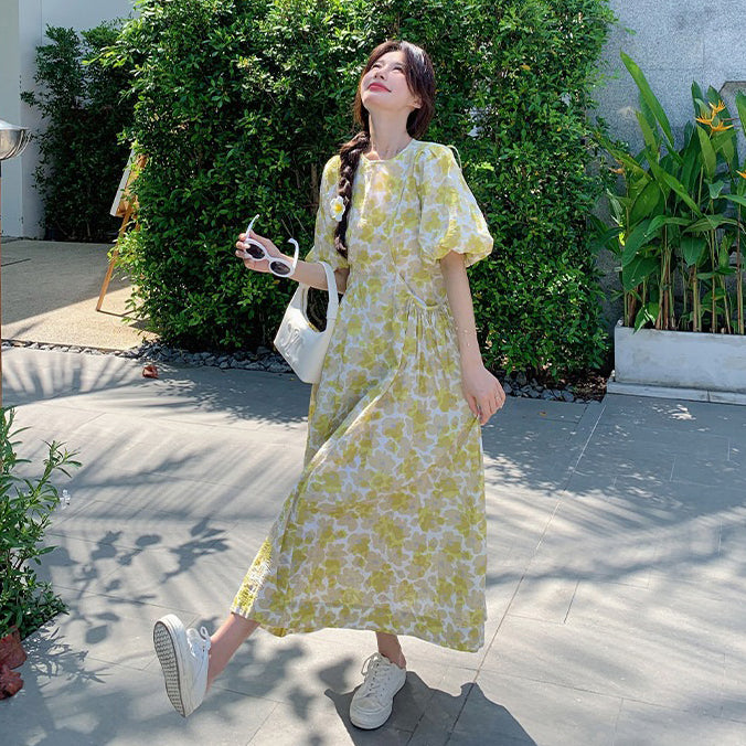 【ワンピース】フラワーワンピース レディース 夏新作 パフスリーブ ナチュラル リラックスシルエット Aライン ロング丈【SHシリーズ】
