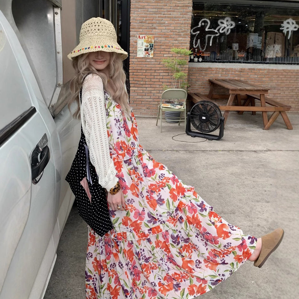 【ワンピース】夏 涼しげ 通気性 Vネック フリル付き 花柄 ノースリーブ キャミワンピース【SHシリーズ】