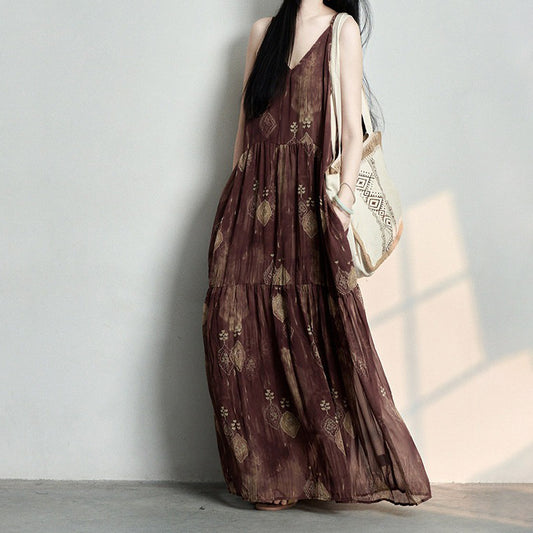 【ワンピース】ボヘミアン風 花柄 キャミソールワンピース レディース 2026夏 ノースリーブ ロングワンピース ブラウンレッド ゆったり リゾート【SHシリーズ】
