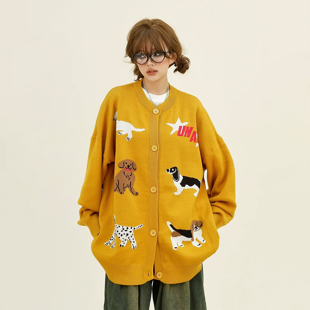 【アウター】韓国風 レトロ 子犬 シングルボタン ゆったり カーディガン【FCシリーズ】