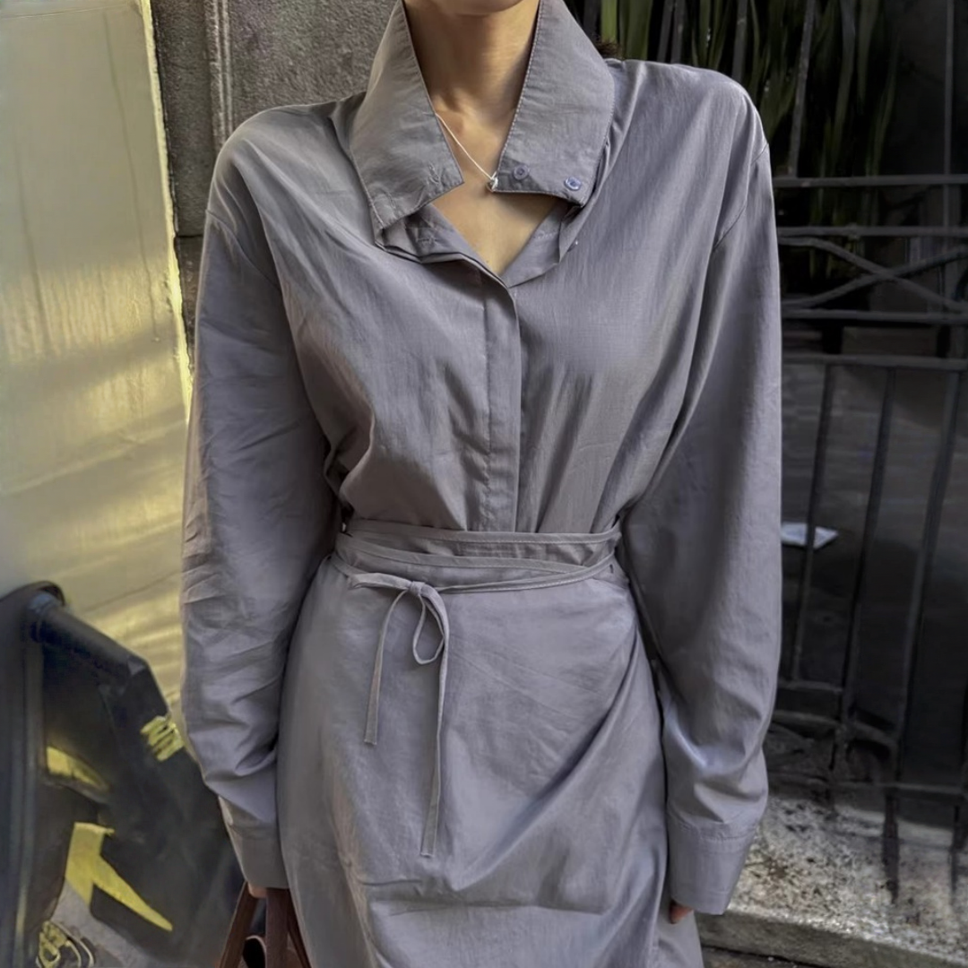 【ワンピース】春 秋 冬 アシンメトリー ウエストリボン 長袖シャツ ワンピース  【JZシリーズ】