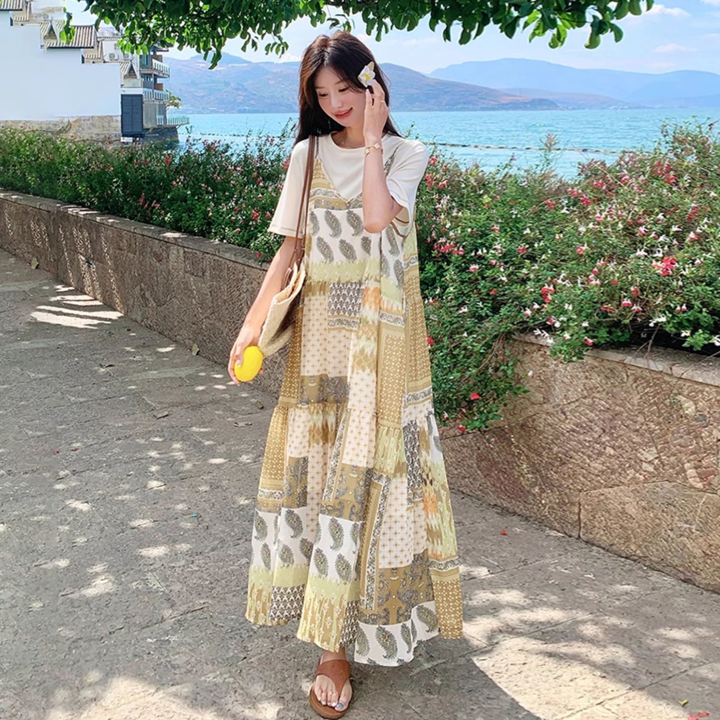 2点セット！【セットアップ】優しげリゾート風 夏新作 Tシャツ＋花柄 ノースリーブワンピースセット【SHシリーズ】