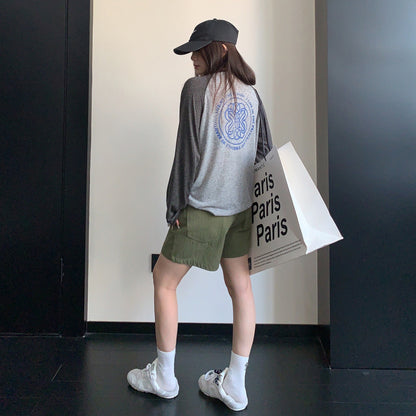 【トップス】レトロ配色ショート丈ロンT レディース 薄手 リラックス 秋コーデ 長袖Tシャツ【FCシリーズ】