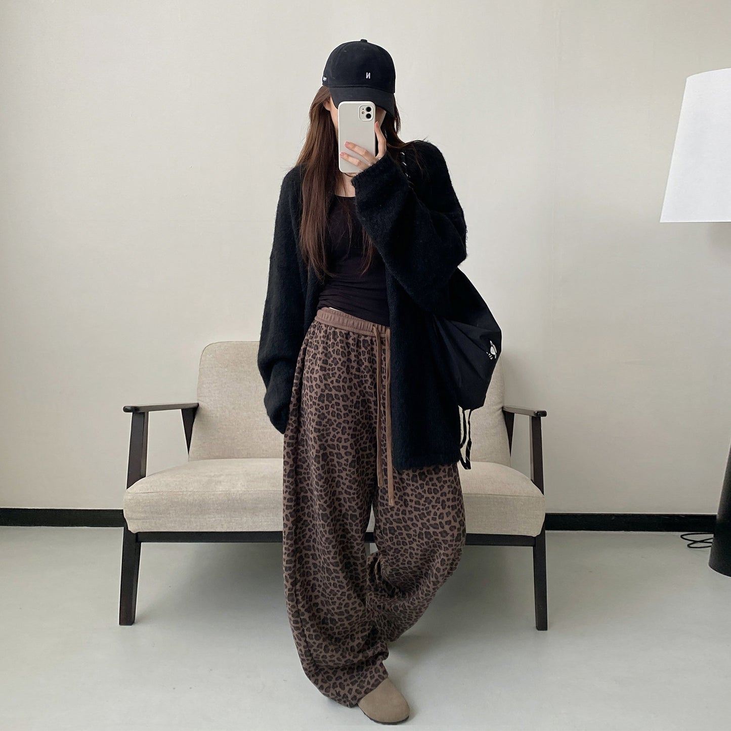 【ボトムス】アメリカンレトロ レオパード柄 ワッフルニット ワイドストレート イージーパンツ ウエストゴム レディース【FCシリーズ】