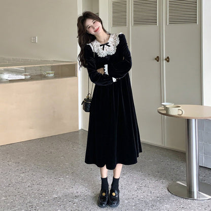 【ワンピース】オードリー風 レース 長袖ワンピース レディース 秋冬 上品 レトロ 細見え ロングドレス【JZシリーズ】