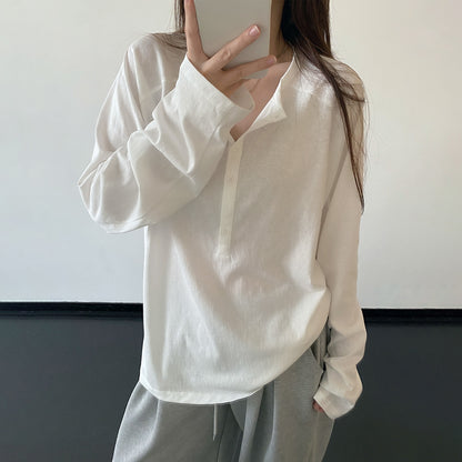 【トップス】ヘンリーネック 長袖Tシャツ レディース 新作 トレンド カジュアル 万能コーデ リラックス感【FCシリーズ】