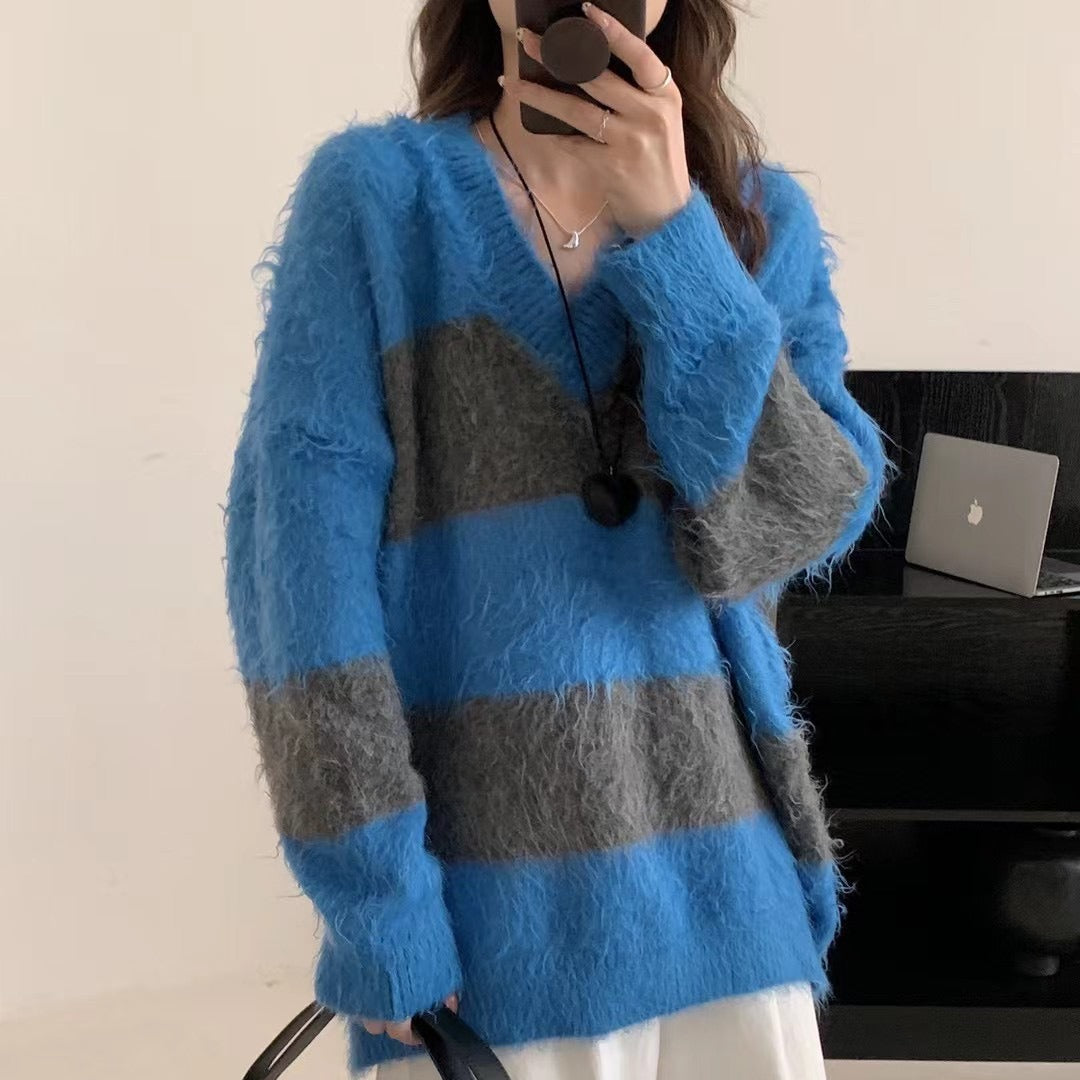 【24AW】【トップス】プルオーバー コントラストカラー ゆったり ニットセーター